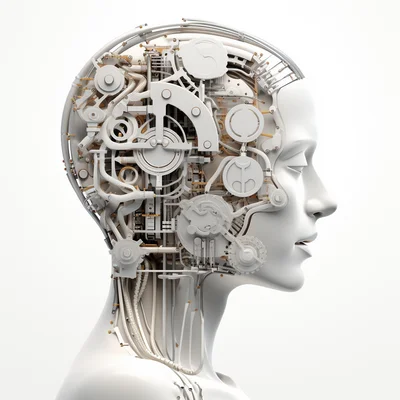 3D plastilina robot brain assembly tools on clean whi