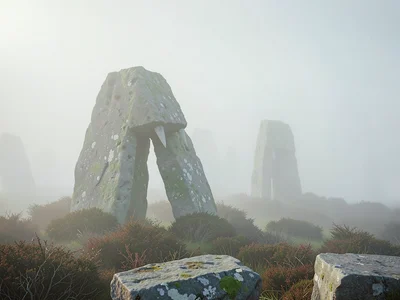 Megalith trio rising from heather like blunt teeth, foreground stone foregrounde