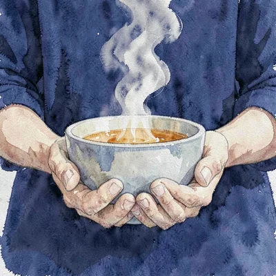 Gouache vertical of a steaming bowl held in cupped hands, warm honey light again