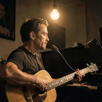 Lamp-lit portrait of a guitarist in profile with a hollow-body, single warm bulb