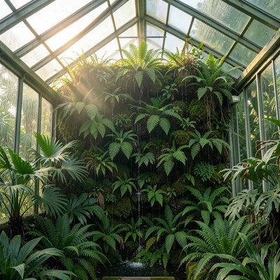 Moss and fern wall in a greenhouse: vertical planting, water trickling down, the