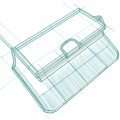 Detail drawing of a kickboard cross-section in fine ivory hatching on cyan, hair