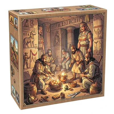 Board game box illustration, an Egyptian tomb exploration scene with archaeologi