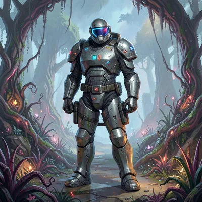 Video game concept art illustration, a space marine in power armor, alien world 