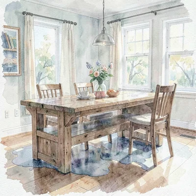 Soft wash interior of a sunlit dining room with a long oak bench, cool morning p