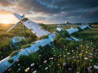 Wind turbine blade lying in a field being reclaimed by grass and wildflowers