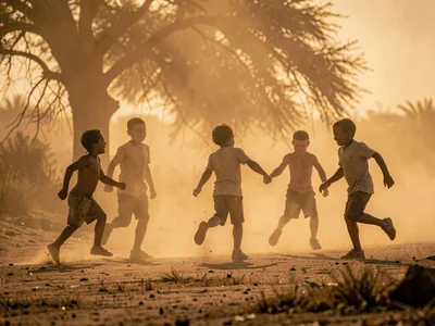 Children playing as moving shadows in dust atmosphere