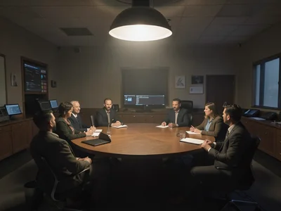 War room with circular table, overhead cone of light, figures seated around
