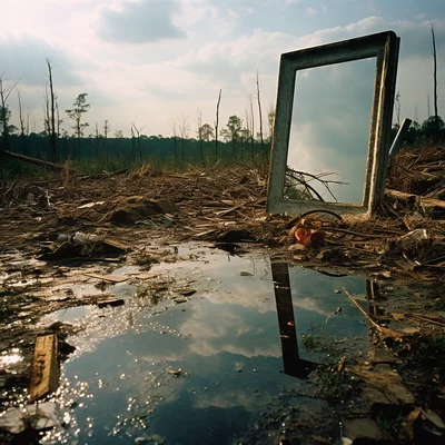 Photo A mirror in a landfill reflects a pristine fore