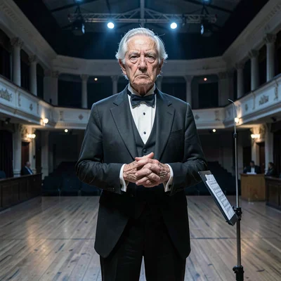 Crisp Alpine clarity, formal composition, Formal portrait of elderly conductor i