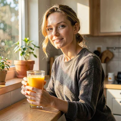 Editorial portrait of a model at a sunlit kitchen window with a glass of orange 
