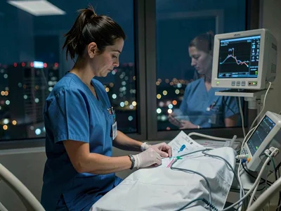 Night nurse checking vitals in ICU, her reflection ghosted in the window, city l