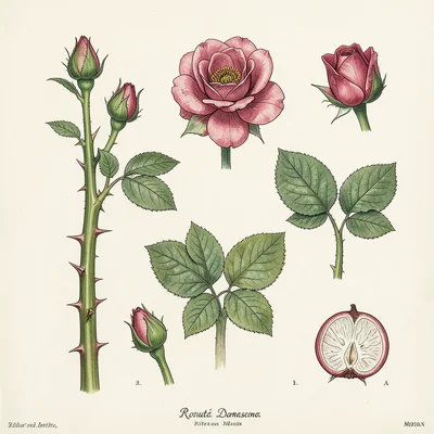A complete specimen plate of Rosa damascena — full stem with thorns, an open blo