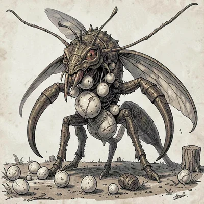 Fantasy creature illustration, an insectoid hive queen with egg sacs and protect