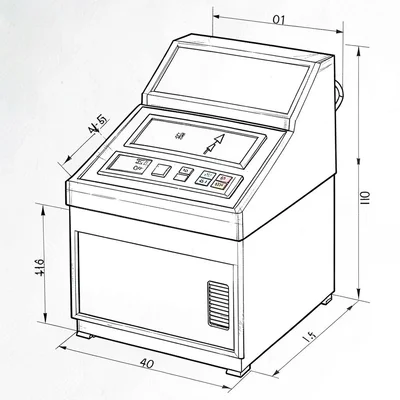 Engineering schematic of a manual cash counter, fine pen lines and dimension arr