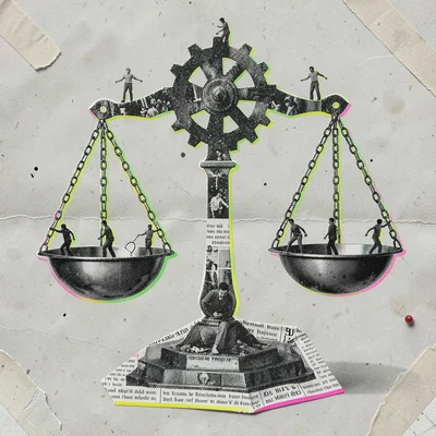 Giant balance scale built from halftone gears in editorial collage, with small c