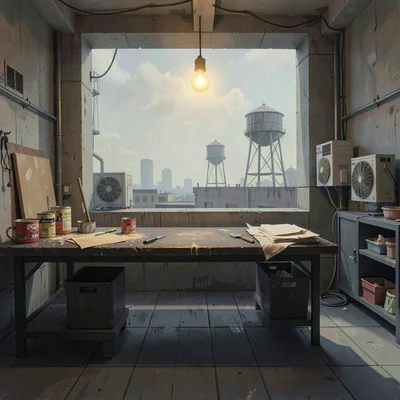 Atmospheric interior of the back-room workshop with sandpaper and wax tins on a 