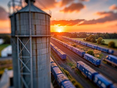 High atop a grain silo, tilt-shift photograph of a marshalling yard at dawn, sat