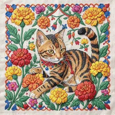 Otomi Tenango embroidery illustration, a cat playing among marigold flowers , em