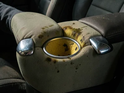 A cinema armrest shared between two seats, the padded vinyl worn through to yell