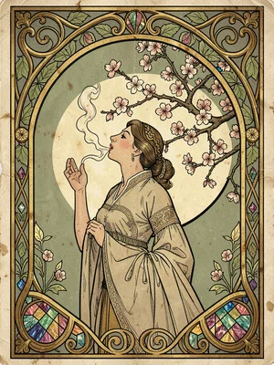 Art Nouveau woman with cherry blossom smoke