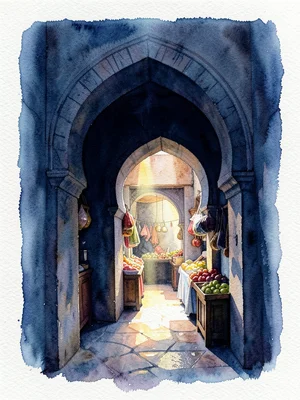 A Moroccan market archway, deep shadows in indigo, warm light spilling through s