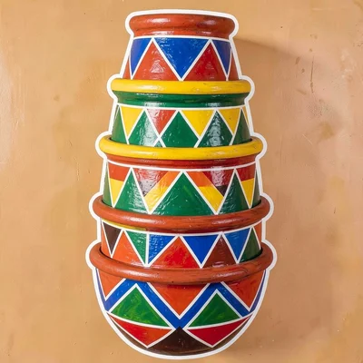 Stack of painted clay pots — each with a different geometric band, top-down