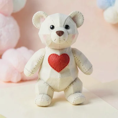 Honey-butter felt lowpoly bear with chunky faceted limbs and a felt heart appliq