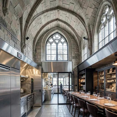 Medieval-modern temporal collision, Ghent layers, Restaurant kitchen visible thr