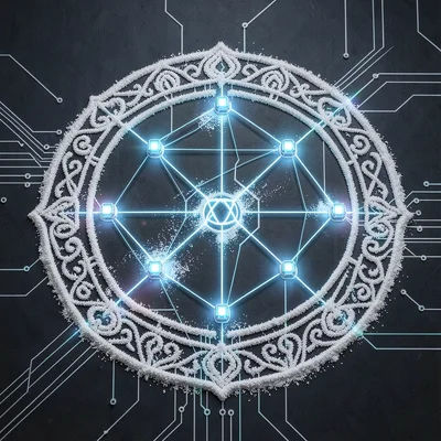Kolam pattern as network diagram, each intersection point a glowing router node