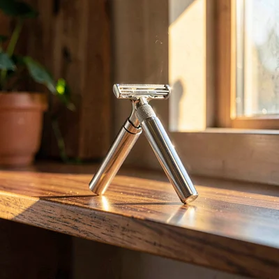 Warm hero shot of an unbranded chrome safety razor on a sun-warmed walnut shelf,