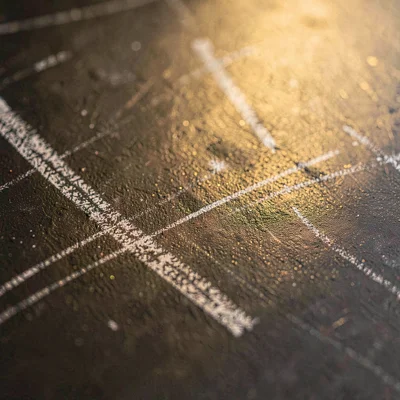 Tight crop of a chalkboard surface with smudged chalk lines, warm directional li