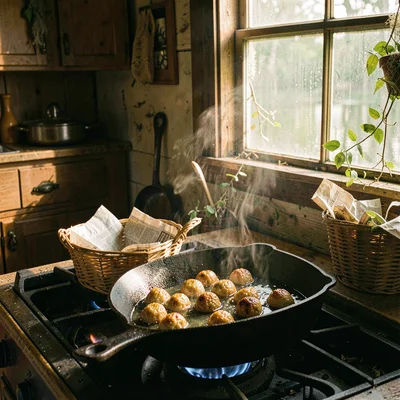 Atmospheric photograph with Louisiana bayou sensibility, Boudin balls frying in 