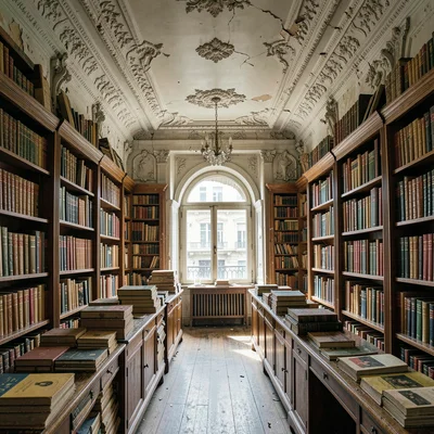 Buenos Aires faded grandeur, belle époque decay, Stacks of yellowed books in an 
