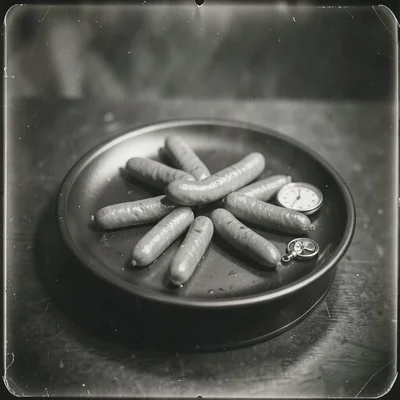Gas station roller grill sausages arranged in a star pattern on dark pewter plat