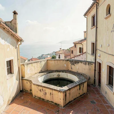 Hilltop courtyard well with low parapet beyond opening to distant sea-haze, midd