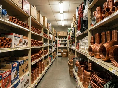Plumbing fittings aisle, copper elbows and PVC joints, the puzzle pieces of wate