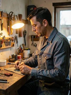 Lamp-lit portrait of a small-trade member at his repair-shop bench, warm bulb gl
