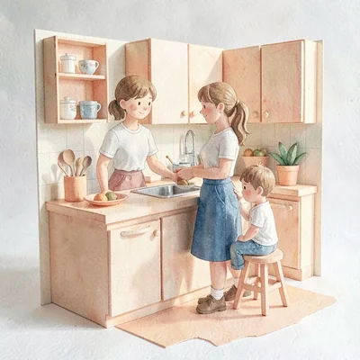Papercraft scene of a paper kitchen with a parent at a counter and a child on a 