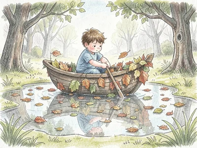 Child sailing leaf boat across puddle