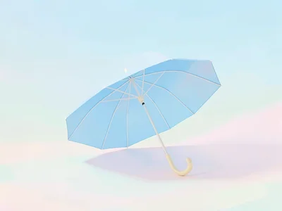 Wide sky-blue lowpoly umbrella opened with eight triangulated panels and a cream