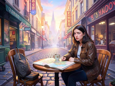A person sitting alone at a small table outside a café in a foreign city, a map 