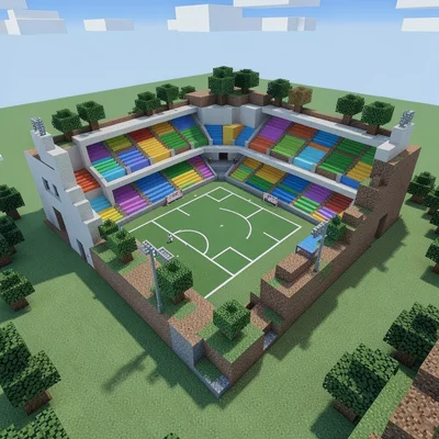 Voxel 3D illustration, blocky sports stadium , cubic voxel construction, blocky 