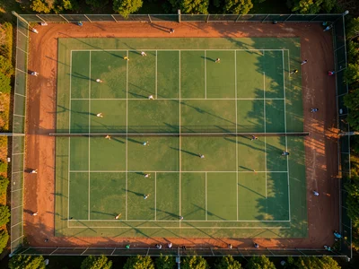 A tennis court complex from above, the green and clay courts creating a grid, ti