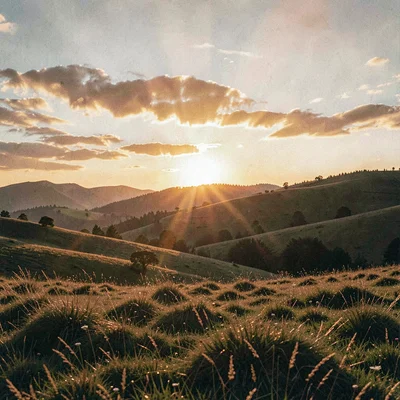 warm sunset over rolling hills, painterly grain