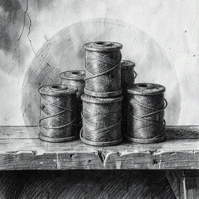Charcoal of a cluster of butcher's twine spools on a worn shelf, soft graphite h