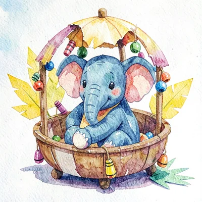 A friendly elephant in a torn-paper howdah with crayon bells and paper-cut palms