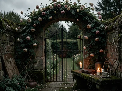 An overgrown walled garden with a wrought-iron gate, climbing roses over a crumb