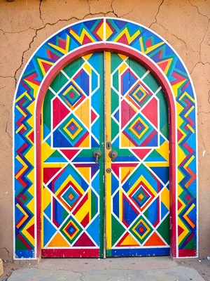 Painted gate in a homestead wall — symmetrical geometric arch design, frontal vi
