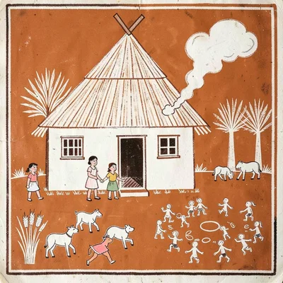 Village hut with family outside — triangular roof, smoke, animals in yard